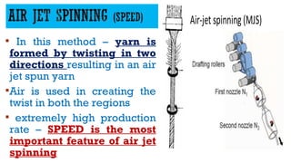  In this method – yarn is
formed by twisting in two
directions resulting in an air
jet spun yarn
Air is used in creating the
twist in both the regions
 extremely high production
rate – SPEED is the most
important feature of air jet
spinning
 
