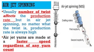 Usually number of twist
affects the production
rate but in air jet
spinning, no matter what
the twist is, production
rate is always high
Air jet yarns are made at
a faster speed
regardless of any yarn
count
 