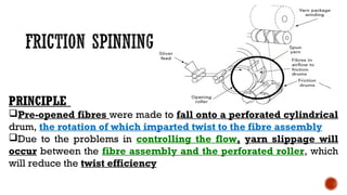 PRINCIPLE
Pre-opened fibres were made to fall onto a perforated cylindrical
drum, the rotation of which imparted twist to the fibre assembly
Due to the problems in controlling the flow, yarn slippage will
occur between the fibre assembly and the perforated roller, which
will reduce the twist efficiency
 