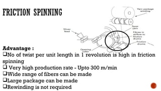 Advantage :
No of twist per unit length in 1 revolution is high in friction
spinning
 Very high production rate - Upto 300 m/min
Wide range of fibers can be made
Large package can be made
Rewinding is not required
 