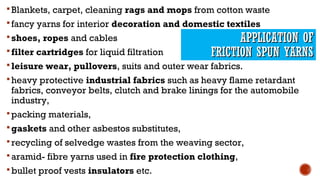 APPLICATION OFAPPLICATION OF
FRICTION SPUN YARNSFRICTION SPUN YARNS
Blankets, carpet, cleaning rags and mops from cotton waste
fancy yarns for interior decoration and domestic textiles
shoes, ropes and cables
filter cartridges for liquid filtration
leisure wear, pullovers, suits and outer wear fabrics.
heavy protective industrial fabrics such as heavy flame retardant
fabrics, conveyor belts, clutch and brake linings for the automobile
industry,
packing materials,
gaskets and other asbestos substitutes,
recycling of selvedge wastes from the weaving sector,
aramid- fibre yarns used in fire protection clothing,
bullet proof vests insulators etc.
 