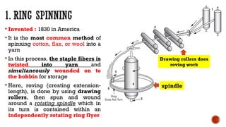  Invented : 1830 in America
 It is the most common method of
spinning cotton, flax, or wool into a
yarn
 In this process, the staple fibers is
twisted into yarn and
simultaneously wounded on to
the bobbin for storage
 Here, roving (creating extension-
length), is done by using drawing
rollers, then spun and wound
around a rotating spindle which in
its turn is contained within an
independently rotating ring flyer
spindle
Drawing rollers does
roving work
 