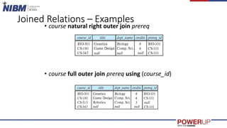 Joined Relations – Examples
• course natural right outer join prereq
• course full outer join prereq using (course_id)
 