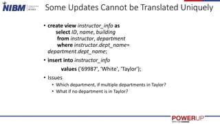 Some Updates Cannot be Translated Uniquely
• create view instructor_info as
select ID, name, building
from instructor, department
where instructor.dept_name=
department.dept_name;
• insert into instructor_info
values ('69987', 'White', 'Taylor');
• Issues
• Which department, if multiple departments in Taylor?
• What if no department is in Taylor?
 