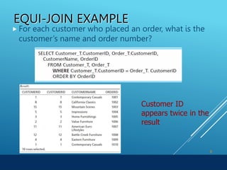 Chapter 7 Copyright © 2014 Pearson Education, Inc.
EQUI-JOIN EXAMPLE
 For each customer who placed an order, what is the
customer’s name and order number?
8
Customer ID
appears twice in the
result
 