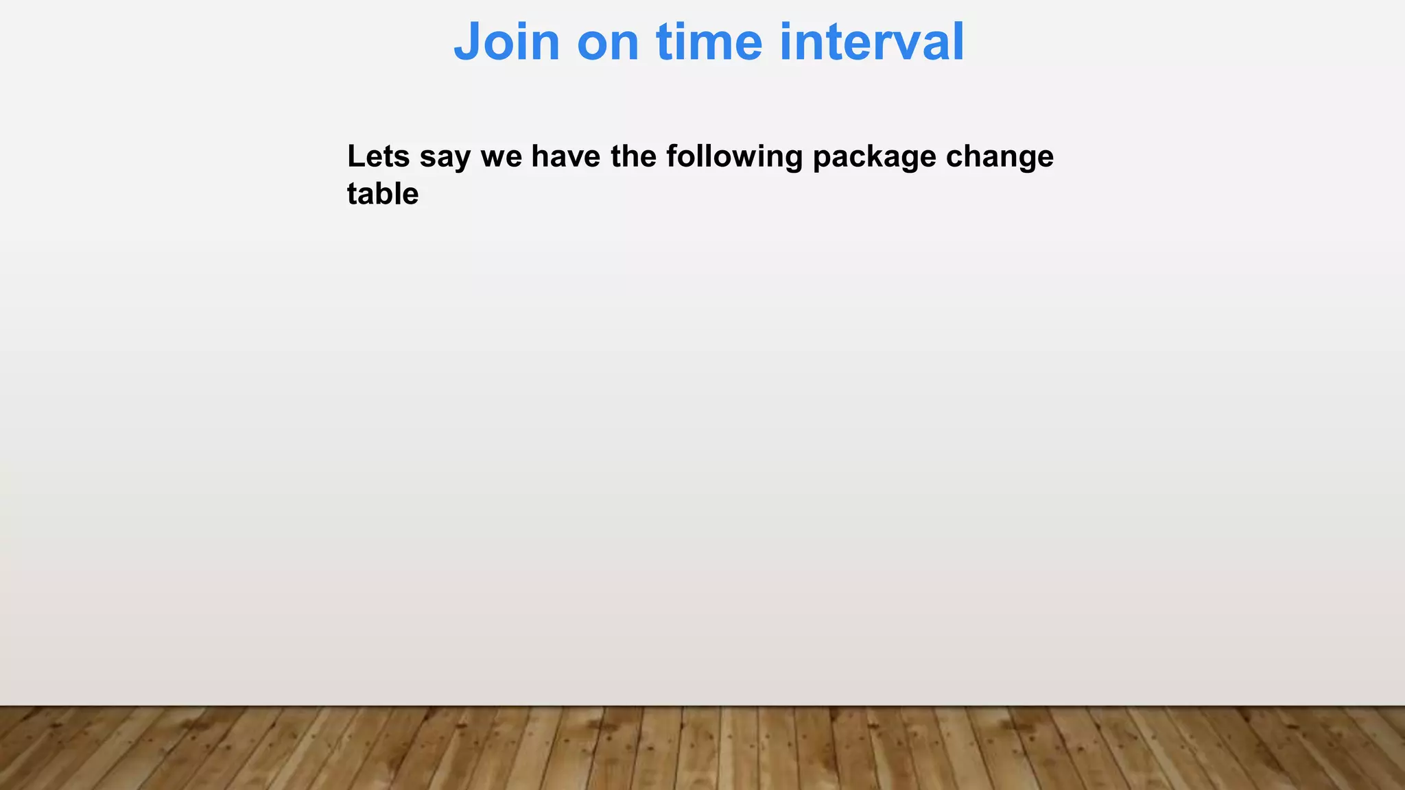 Join on time interval
Lets say we have the following package change
table
 