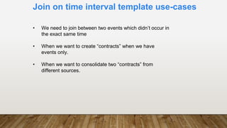 Join on time interval template use-cases
• We need to join between two events which didn’t occur in
the exact same time
• When we want to create “contracts” when we have
events only.
• When we want to consolidate two “contracts” from
different sources.
 