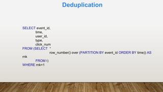 Deduplication
SELECT event_id,
time,
user_id,
type,
click_num
FROM (SELECT *
row_number() over (PARTITION BY event_id ORDER BY time)) AS
rnk
FROM t)
WHERE rnk=1
 