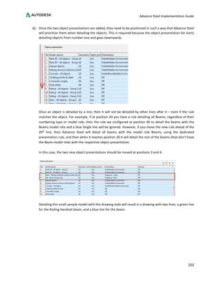 Advance Steel Implementation Guide
102
11. Once the two object presentations are added, they need to be positioned in such a way that Advance Steel
will prioritize them when detailing the objects. This is required because the object presentation list starts
detailing objects from number one and goes downwards.
Once an object is detailed by a line, then it will not be detailed by other lines after it – even if the rule
matches the object. For example, if at position 20 you have a rule detailing all Beams, regardless of their
numbering type or model role, then the rule we configured at position 40 to detail the beams with the
Beams model role and a blue Single line will be ignored. However, if you move the new rule ahead of the
20th
line, then Advance Steel will detail all beams with the model role Beams, using the dedicated
presentation rule, and then when it reaches position 20 it will detail the rest of the beams (that don’t have
the Beam model role) with the respective object presentation.
In this case, the two new object presentations should be moved at positions 3 and 4.
Detailing this small sample model with this drawing style will result in a drawing with two lines: a green line
for the Railing Handrail beam, and a blue line for the beam:
 