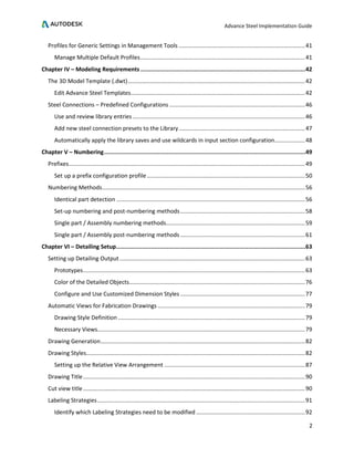 Advance Steel Implementation Guide
2
Profiles for Generic Settings in Management Tools ...............................................................................41
Manage Multiple Default Profiles.......................................................................................................41
Chapter IV – Modeling Requirements ...............................................................................................42
The 3D Model Template (.dwt)...............................................................................................................42
Edit Advance Steel Templates.............................................................................................................42
Steel Connections – Predefined Configurations .....................................................................................46
Use and review library entries............................................................................................................46
Add new steel connection presets to the Library...............................................................................47
Automatically apply the library saves and use wildcards in input section configuration...................48
Chapter V – Numbering....................................................................................................................49
Prefixes....................................................................................................................................................49
Set up a prefix configuration profile...................................................................................................50
Numbering Methods...............................................................................................................................56
Identical part detection ......................................................................................................................56
Set-up numbering and post-numbering methods..............................................................................58
Single part / Assembly numbering methods.......................................................................................59
Single part / Assembly post-numbering methods ..............................................................................61
Chapter VI – Detailing Setup.............................................................................................................63
Setting up Detailing Output ....................................................................................................................63
Prototypes...........................................................................................................................................63
Color of the Detailed Objects..............................................................................................................76
Configure and Use Customized Dimension Styles ..............................................................................77
Automatic Views for Fabrication Drawings ............................................................................................79
Drawing Style Definition .....................................................................................................................79
Necessary Views..................................................................................................................................79
Drawing Generation................................................................................................................................82
Drawing Styles.........................................................................................................................................82
Setting up the Relative View Arrangement ........................................................................................87
Drawing Title...........................................................................................................................................90
Cut view title...........................................................................................................................................90
Labeling Strategies..................................................................................................................................91
Identify which Labeling Strategies need to be modified ....................................................................92
 