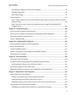 Advance Steel Implementation Guide
3
Add Labeling Strategies to the Same Class of Objects........................................................................93
Labeling Strategy Rules.......................................................................................................................94
Edit a Label Strategy............................................................................................................................94
Generic Example .....................................................................................................................................96
Step 1: Assign a different line color to each different object type for which you need to control the
plotted line type..................................................................................................................................96
Step 2: Use the line color to control the plotting line type, through the AutoCAD plot CTB
configuration file...............................................................................................................................103
Chapter VII – Detailing Processes....................................................................................................109
General overview of Advance Steel processes .....................................................................................109
Main reasons to configure a drawing process during Advance Steel deployment ..............................110
Create and customize a drawing process .............................................................................................110
Process - Additional steps.....................................................................................................................115
Chapter VIII – Configuring Bills of Materials....................................................................................116
General overview of Advance Steel Bill of Materials............................................................................116
External Bill of Materials.......................................................................................................................116
Transferring BOM templates ................................................................................................................117
Example: Changing the company logo of existing BOM templates......................................................119
Bill of Materials on drawings ................................................................................................................120
Chapter IX – GUI Customization......................................................................................................120
The Advance Steel Tool Palettes...........................................................................................................120
The Advance Steel Drawing Styles/Processes/BOM Templates Palettes.............................................122
Switching between Advance, User and Country add-in ...................................................................124
Restoring the palettes to their original state........................................................................................124
Migrating the palettes or sharing custom configurations during deployment ....................................125
Chapter X - Advance Steel - Vault Integration..................................................................................125
Advance Steel with Vault Workflow .....................................................................................................125
Starting a new Advance Steel project integrated with Vault............................................................125
Updating drawings with Advance Steel revision control..................................................................137
Mapping the Advance Steel header attributes to the Vault internal attribute list ..........................139
Advance Steel within Plant 3D Vault Workflow....................................................................................145
Embedding a new Advance Steel model into an existing Plant 3D project......................................145
 