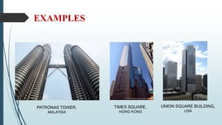 EXAMPLES
PATRONAS TOWER,
MALAYSIA
TIMES SQUARE,
HONG KONG
UNION SQUARE BUILDING,
USA
 