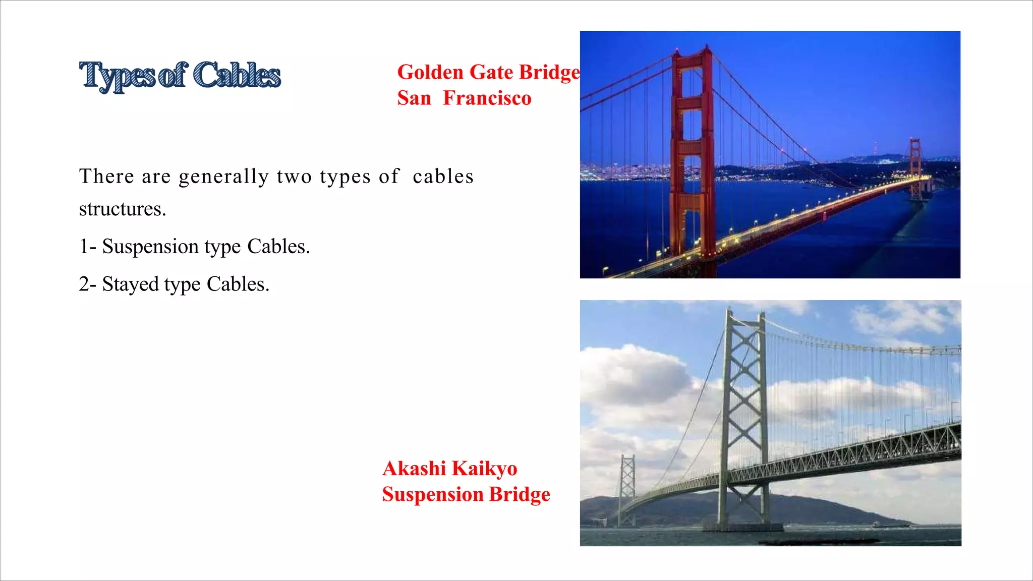 There are generally two types of cables
structures.
1- Suspension type Cables.
2- Stayed type Cables.
Golden Gate Bridge
San Francisco
Akashi Kaikyo
Suspension Bridge
 