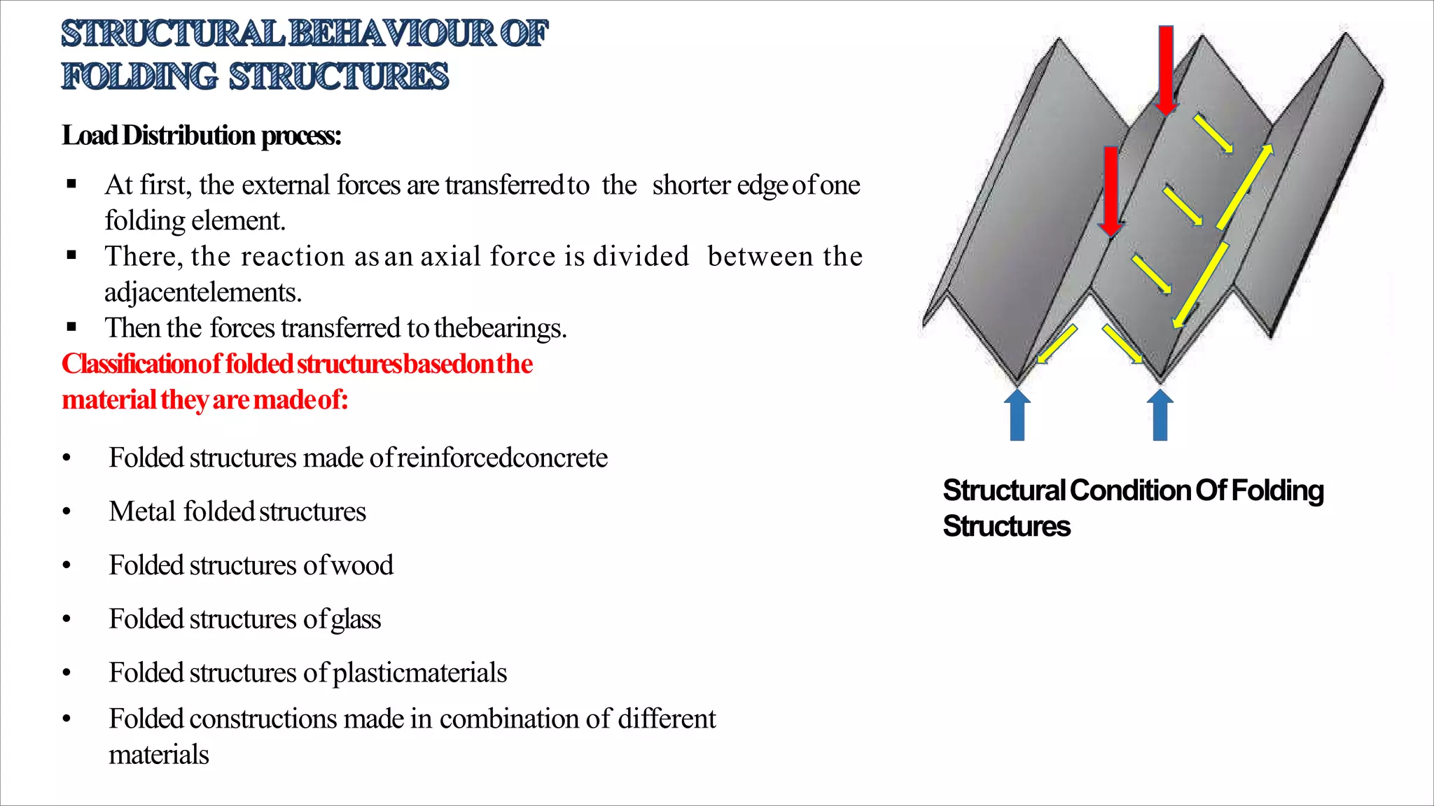 StructuralConditionOfFolding
Structures
LoadDistributionprocess:
 At first, the external forces are transferredto the shorter edgeofone
folding element.
 There, the reaction asan axial force is divided between the
adjacentelements.
 Then the forces transferred tothebearings.
Classificationoffoldedstructuresbasedonthe
materialtheyaremadeof:
• Folded structures made ofreinforcedconcrete
• Metal foldedstructures
• Folded structures ofwood
• Folded structures ofglass
• Folded structures of plasticmaterials
• Folded constructions made in combination of different
materials
 