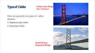 There are generally two types of cables
structures.
1- Suspension type Cables.
2- Stayed type Cables.
Golden Gate Bridge
San Francisco
Akashi Kaikyo
Suspension Bridge
 