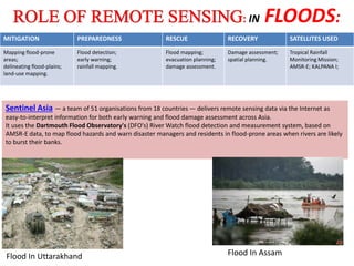 IN FLOODS:
MITIGATION PREPAREDNESS RESCUE RECOVERY SATELLITES USED
Mapping flood-prone
areas;
delineating flood-plains;
land-use mapping.
Flood detection;
early warning;
rainfall mapping.
Flood mapping;
evacuation planning;
damage assessment.
Damage assessment;
spatial planning.
Tropical Rainfall
Monitoring Mission;
AMSR-E; KALPANA I;
Sentinel Asia — a team of 51 organisations from 18 countries — delivers remote sensing data via the Internet as
easy-to-interpret information for both early warning and flood damage assessment across Asia.
It uses the Dartmouth Flood Observatory's (DFO's) River Watch flood detection and measurement system, based on
AMSR-E data, to map flood hazards and warn disaster managers and residents in flood-prone areas when rivers are likely
to burst their banks.
Flood In Uttarakhand Flood In Assam
 