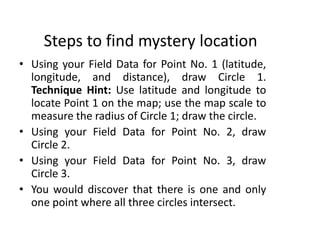 Steps to find mystery location
• Using your Field Data for Point No. 1 (latitude,
longitude, and distance), draw Circle 1.
Technique Hint: Use latitude and longitude to
locate Point 1 on the map; use the map scale to
measure the radius of Circle 1; draw the circle.
• Using your Field Data for Point No. 2, draw
Circle 2.
• Using your Field Data for Point No. 3, draw
Circle 3.
• You would discover that there is one and only
one point where all three circles intersect.
 