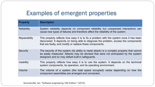 Examples of emergent properties
Property Description
Reliability System reliability depends on component reliability but unexpected interactions can
cause new types of failures and therefore affect the reliability of the system.
Repairability This property reflects how easy it is to fix a problem with the system once it has been
discovered. It depends on being able to diagnose the problem, access the components
that are faulty, and modify or replace these components.
Security The security of the system (its ability to resist attack) is a complex property that cannot
be easily measured. Attacks may be devised that were not anticipated by the system
designers and so may defeat built-in safeguards.
Usability This property reflects how easy it is to use the system. It depends on the technical
system components, its operators, and its operating environment.
Volume The volume of a system (the total space occupied) varies depending on how the
component assemblies are arranged and connected.
Sommerville, Ian. "Software engineering 10th Edition." (2015).
 