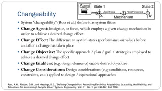 Changeability
 System “changeability” (Ross et al.) define it as system ilities
 Change Agent: Instigator, or force, which employs a given change mechanism in
order to achieve a desired change effect
 Change Effect: The difference in system states (performance or value) before
and after a change has taken place
 Change Objective: The specific approach / plan / goal / strategies employed to
achieve a desired change effect
 Change Enablers: (e.g. design elements) enable desired objective
 Change Considerations: Design considerations (e.g. conditions, resources,
constraints, etc.) applied to design / operational approaches
Ross, A.M., Rhodes, D.H., and Hastings, D.E., "Defining Changeability: Reconciling Flexibility, Adaptability, Scalability, Modifiability, and
Robustness for Maintaining Lifecycle Value," Systems Engineering, Vol. 11, No. 3, pp. 246-262, Fall 2008.
 