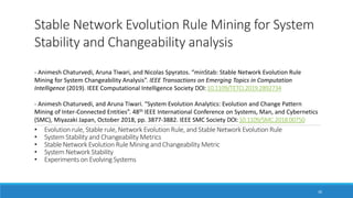 Stable Network Evolution Rule Mining for System
Stability and Changeability analysis
- Animesh Chaturvedi, Aruna Tiwari, and Nicolas Spyratos. “minStab: Stable Network Evolution Rule
Mining for System Changeability Analysis”. IEEE Transactions on Emerging Topics in Computation
Intelligence (2019). IEEE Computational Intelligence Society DOI:10.1109/TETCI.2019.2892734
- Animesh Chaturvedi, and Aruna Tiwari. “System Evolution Analytics: Evolution and Change Pattern
Mining of Inter-Connected Entities”. 48th IEEE International Conference on Systems, Man, and Cybernetics
(SMC), Miyazaki Japan, October 2018, pp. 3877-3882. IEEE SMC Society DOI:10.1109/SMC.2018.00750
30
• Evolution rule, Stable rule, Network Evolution Rule, and Stable Network Evolution Rule
• System Stability and Changeability Metrics
• Stable Network Evolution Rule Mining and Changeability Metric
• System Network Stability
• Experiments on Evolving Systems
 