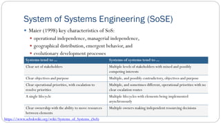 System of Systems Engineering (SoSE)
 Maier (1998) key characteristics of SoS:
 operational independence, managerial independence,
 geographical distribution, emergent behavior, and
 evolutionary development processes
https://www.sebokwiki.org/wiki/Systems_of_Systems_(SoS)
Systems tend to ... Systems of systems tend to ...
Clear set of stakeholders Multiple levels of stakeholders with mixed and possibly
competing interests
Clear objectives and purpose Multiple, and possibly contradictory, objectives and purpose
Clear operational priorities, with escalation to
resolve priorities
Multiple, and sometimes different, operational priorities with no
clear escalation routes
A single lifecycle Multiple lifecycles with elements being implemented
asynchronously
Clear ownership with the ability to move resources
between elements
Multiple owners making independent resourcing decisions
 