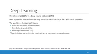 Deep Learning
Deep learning [22] form a Deep Neural Network (DNN)
DNN is good for deeper level learning based on classification of data with small error rate.
We used three famous techniques:
• Restricted Boltzmann Machines (RBM)
• Deep Belief Networks (DBN)
• denoising Autoencoders (dA)
These technique learns from the input matrixes to reconstruct an output matrix.
63
[22] LeCun Yann, Yoshua Bengio, and Geoffrey Hinton. “Deep learning.” Nature 521.7553 (2015): 436-444..
 