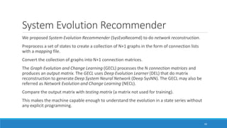 System Evolution Recommender
We proposed System Evolution Recommender (SysEvoRecomd) to do network reconstruction.
Preprocess a set of states to create a collection of N+1 graphs in the form of connection lists
with a mapping file.
Convert the collection of graphs into N+1 connection matrices.
The Graph Evolution and Change Learning (GECL) processes the N connection matrices and
produces an output matrix. The GECL uses Deep Evolution Learner (DEL) that do matrix
reconstruction to generate Deep System Neural Network (Deep SysNN). The GECL may also be
referred as Network Evolution and Change Learning (NECL).
Compare the output matrix with testing matrix (a matrix not used for training).
This makes the machine capable enough to understand the evolution in a state series without
any explicit programming.
66
 
