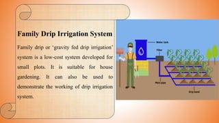 Family Drip Irrigation System
Family drip or ‘gravity fed drip irrigation’
system is a low-cost system developed for
small plots. It is suitable for house
gardening. It can also be used to
demonstrate the working of drip irrigation
system.
 