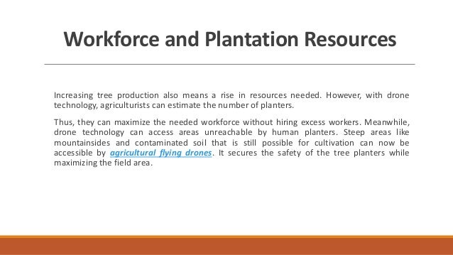 Workforce and Plantation Resources
Increasing tree production also means a rise in resources needed. However, with drone
technology, agriculturists can estimate the number of planters.
Thus, they can maximize the needed workforce without hiring excess workers. Meanwhile,
drone technology can access areas unreachable by human planters. Steep areas like
mountainsides and contaminated soil that is still possible for cultivation can now be
accessible by agricultural flying drones. It secures the safety of the tree planters while
maximizing the field area.
 