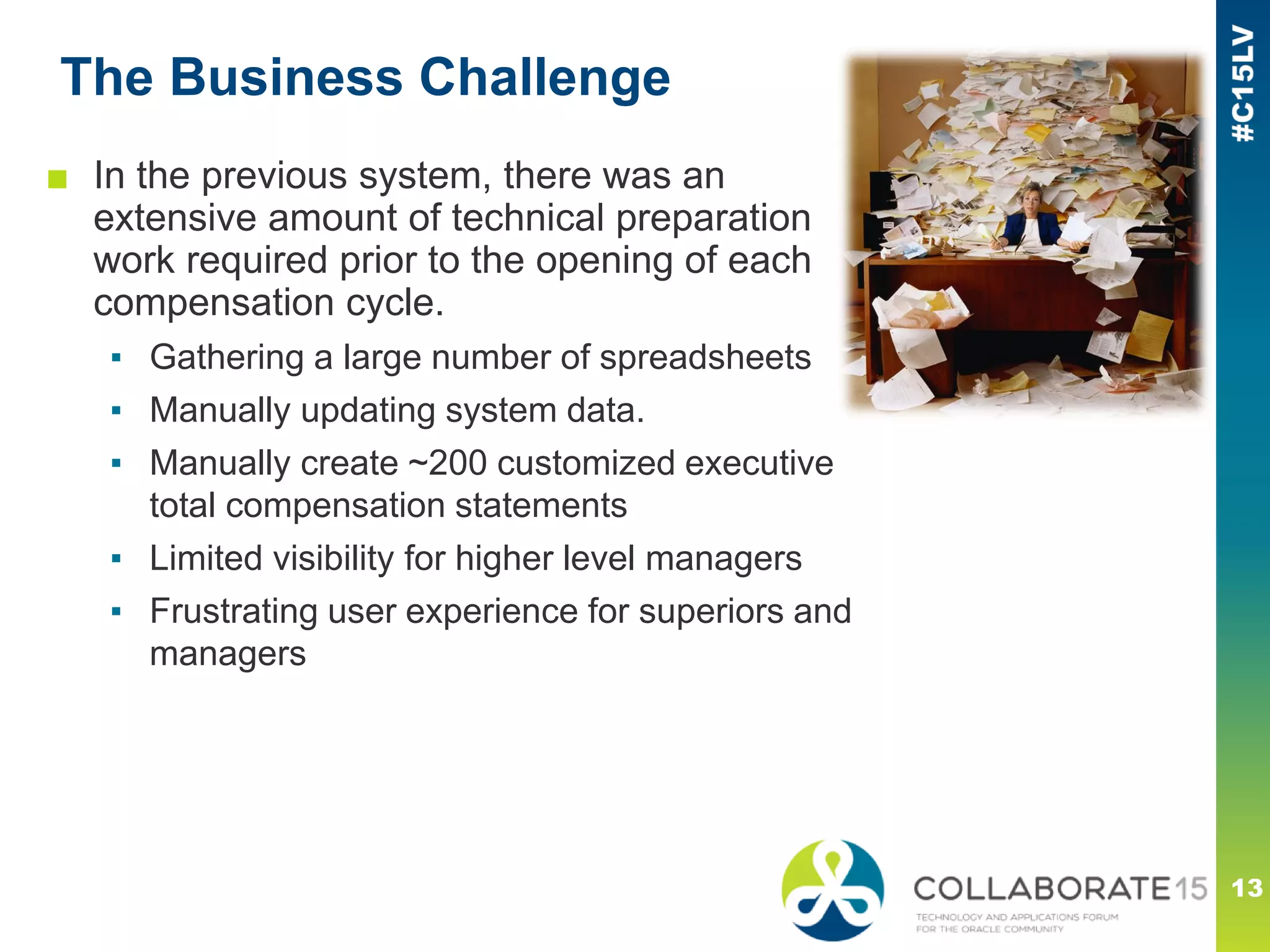 The Business Challenge
■ In the previous system, there was an
extensive amount of technical preparation
work required prior to the opening of each
compensation cycle.
▪ Gathering a large number of spreadsheets
▪ Manually updating system data.
▪ Manually create ~200 customized executive
total compensation statements
▪ Limited visibility for higher level managers
▪ Frustrating user experience for superiors and
managers
13
 