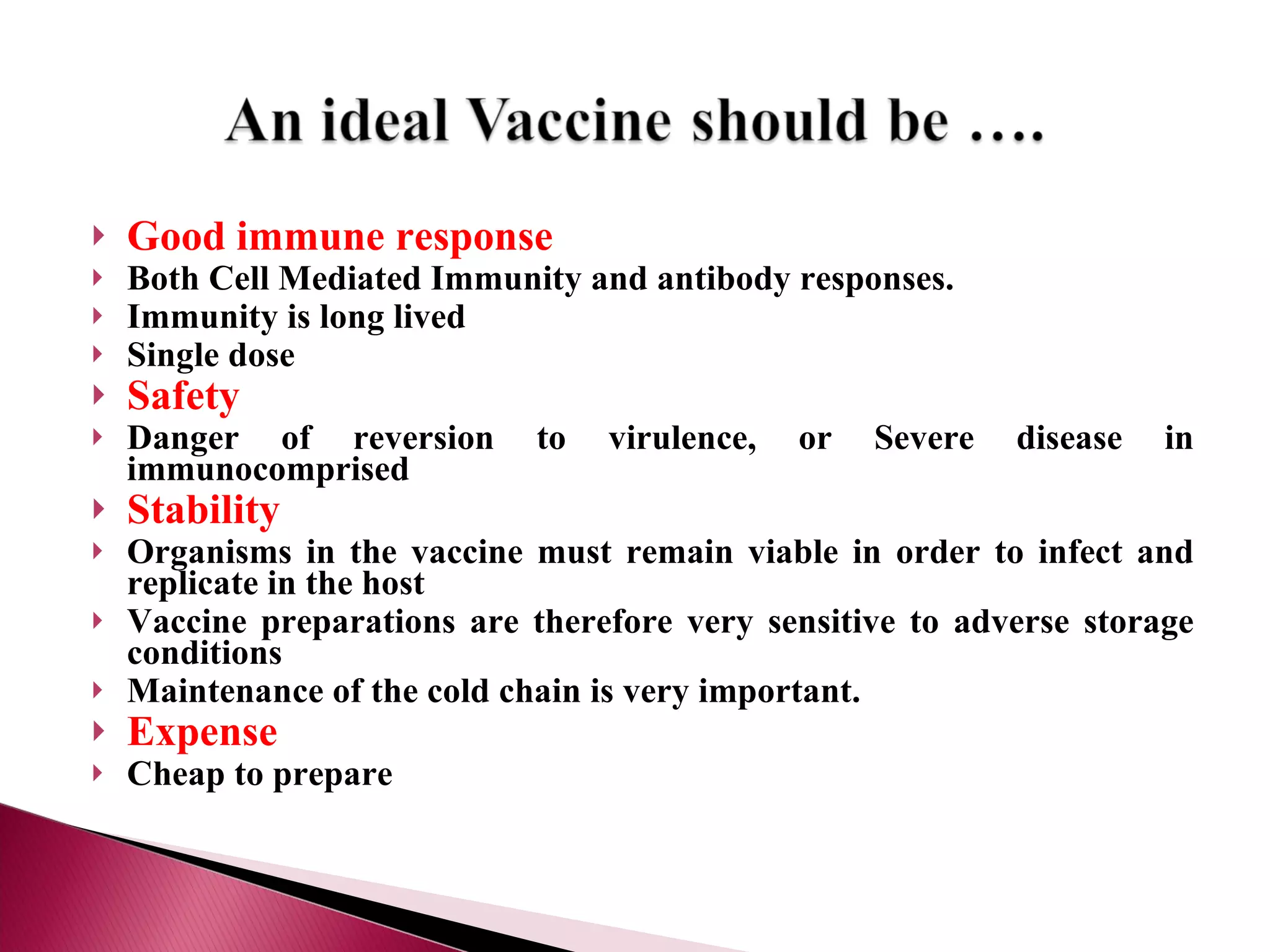 Good immune response  Both Cell Mediated Immunity and antibody responses.  Immunity is long lived  Single dose  Safety  Danger of reversion to virulence, or Severe disease in immunocomprised  Stability  Organisms in the vaccine must remain viable in order to infect and replicate in the host  Vaccine preparations are therefore very sensitive to adverse storage conditions  Maintenance of the cold chain is very important.  Expense  Cheap to prepare  