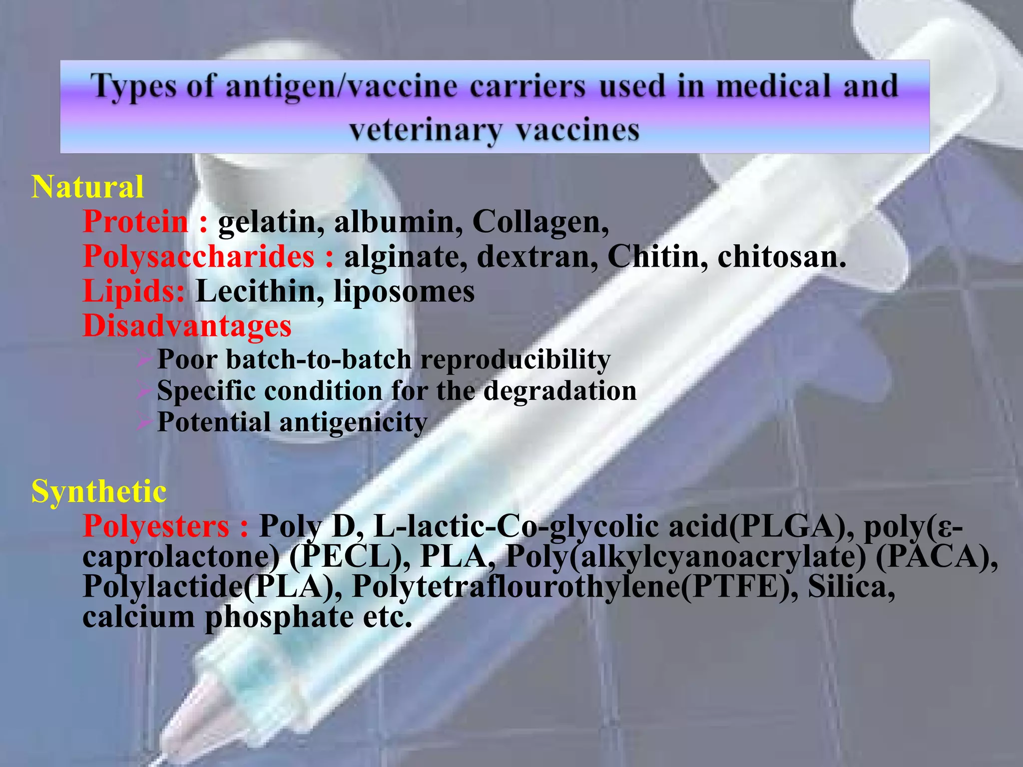 Natural  Protein :  gelatin, albumin,  Collagen,  Polysaccharides :  alginate, dextran,  Chitin,  chitosan. Lipids:  Lecithin, liposomes Disadvantages Poor batch-to-batch reproducibility Specific condition for the degradation Potential antigenicity Synthetic  Polyesters :   Poly D, L-lactic-Co-glycolic acid(PLGA),  poly( ε -caprolactone) (PECL), PLA, Poly(alkylcyanoacrylate) (PACA) , Polylactide(PLA), Polytetraflourothylene(PTFE), Silica, calcium phosphate etc. 