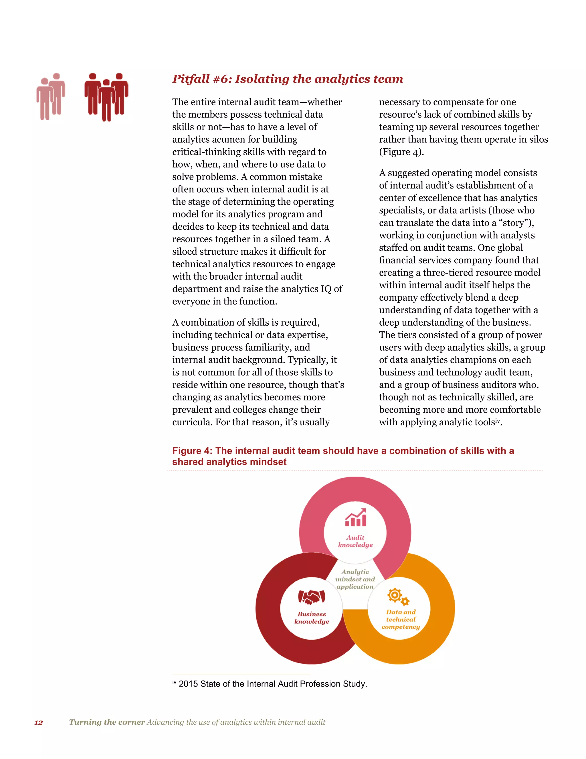 12 Turning the corner Advancing the use of analytics within internal audit
Pitfall #6: Isolating the analytics team
The entire internal audit team—whether
the members possess technical data
skills or not—has to have a level of
analytics acumen for building
critical-thinking skills with regard to
how, when, and where to use data to
solve problems. A common mistake
often occurs when internal audit is at
the stage of determining the operating
model for its analytics program and
decides to keep its technical and data
resources together in a siloed team. A
siloed structure makes it difficult for
technical analytics resources to engage
with the broader internal audit
department and raise the analytics IQ of
everyone in the function.
A combination of skills is required,
including technical or data expertise,
business process familiarity, and
internal audit background. Typically, it
is not common for all of those skills to
reside within one resource, though that’s
changing as analytics becomes more
prevalent and colleges change their
curricula. For that reason, it’s usually
necessary to compensate for one
resource’s lack of combined skills by
teaming up several resources together
rather than having them operate in silos
(Figure 4).
A suggested operating model consists
of internal audit’s establishment of a
center of excellence that has analytics
specialists, or data artists (those who
can translate the data into a “story”),
working in conjunction with analysts
staffed on audit teams. One global
financial services company found that
creating a three-tiered resource model
within internal audit itself helps the
company effectively blend a deep
understanding of data together with a
deep understanding of the business.
The tiers consisted of a group of power
users with deep analytics skills, a group
of data analytics champions on each
business and technology audit team,
and a group of business auditors who,
though not as technically skilled, are
becoming more and more comfortable
with applying analytic toolsiv.
iv
2015 State of the Internal Audit Profession Study.
Figure 4: The internal audit team should have a combination of skills with a
shared analytics mindset
 
