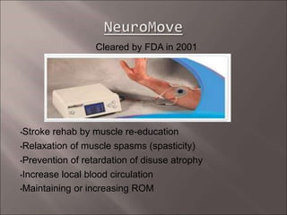 Cleared by FDA in 2001
•Stroke rehab by muscle re-education
•Relaxation of muscle spasms (spasticity)
•Prevention of retardation of disuse atrophy
•Increase local blood circulation
•Maintaining or increasing ROM
 