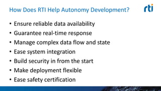 How Does RTI Help Autonomy Development?
• Ensure reliable data availability
• Guarantee real-time response
• Manage complex data flow and state
• Ease system integration
• Build security in from the start
• Make deployment flexible
• Ease safety certification
 