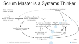 @rowanb© 2018 Scrum WithStyle scrumwithstyle.com
Scrum Master is a Systems Thinker
Goal: conform to
original schedule
pressure to try
actions to conﬁrm to
original schedule
exhortations, bribes, and
threats to developers to
meet schedule
% use of “secret toolbox”
inc. hacking to generate
poor quality code quickly
% of clean code with
good design
# of defects
duration and
effort to add new
features
actual variance to original
schedule
duration between creating
and ﬁxing a defect
duration and correctness
in ﬁxing a defect
O
O
short term
only
QF
QF
O
Credit:
 