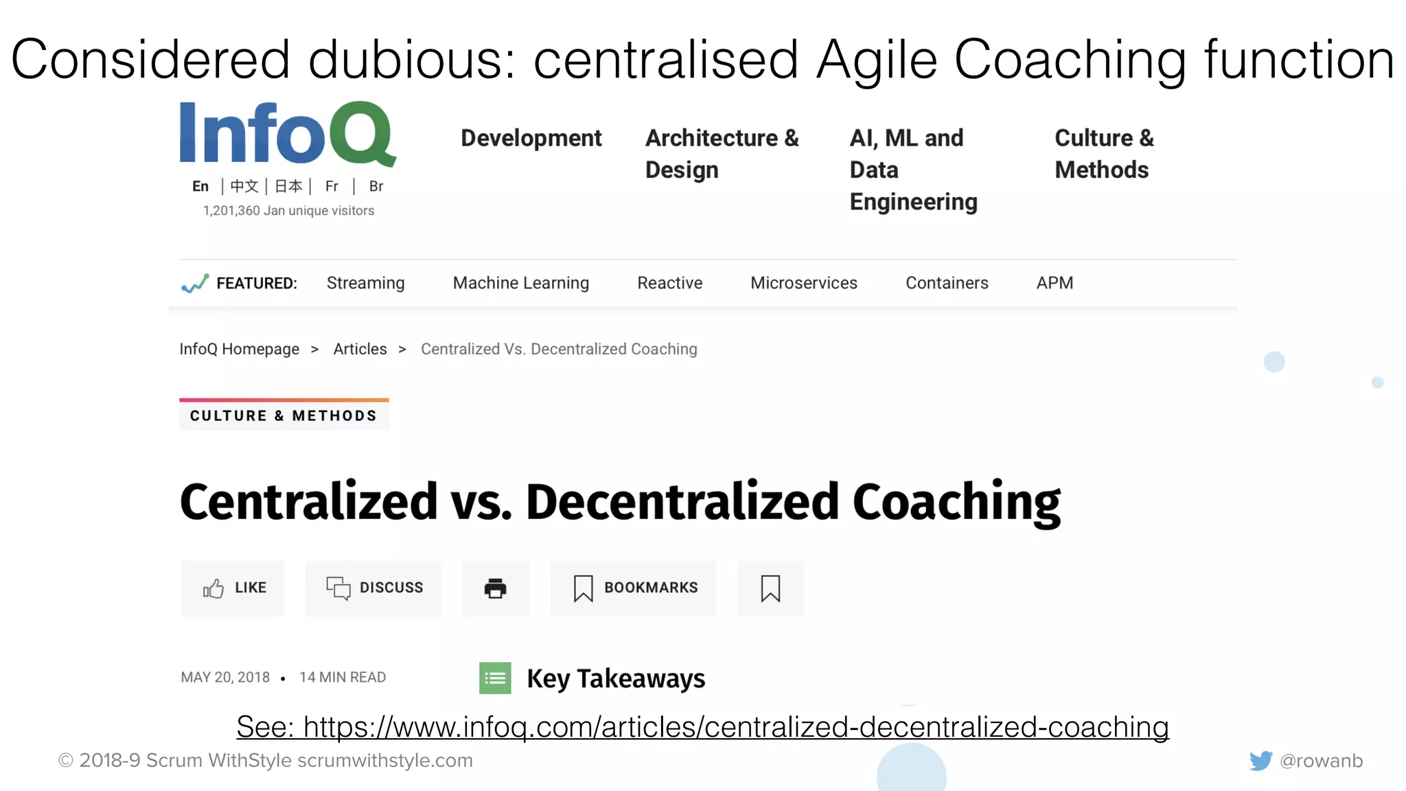 @rowanb© 2018-9 Scrum WithStyle scrumwithstyle.com
Considered dubious: centralised Agile Coaching function
See: https://www.infoq.com/articles/centralized-decentralized-coaching
 