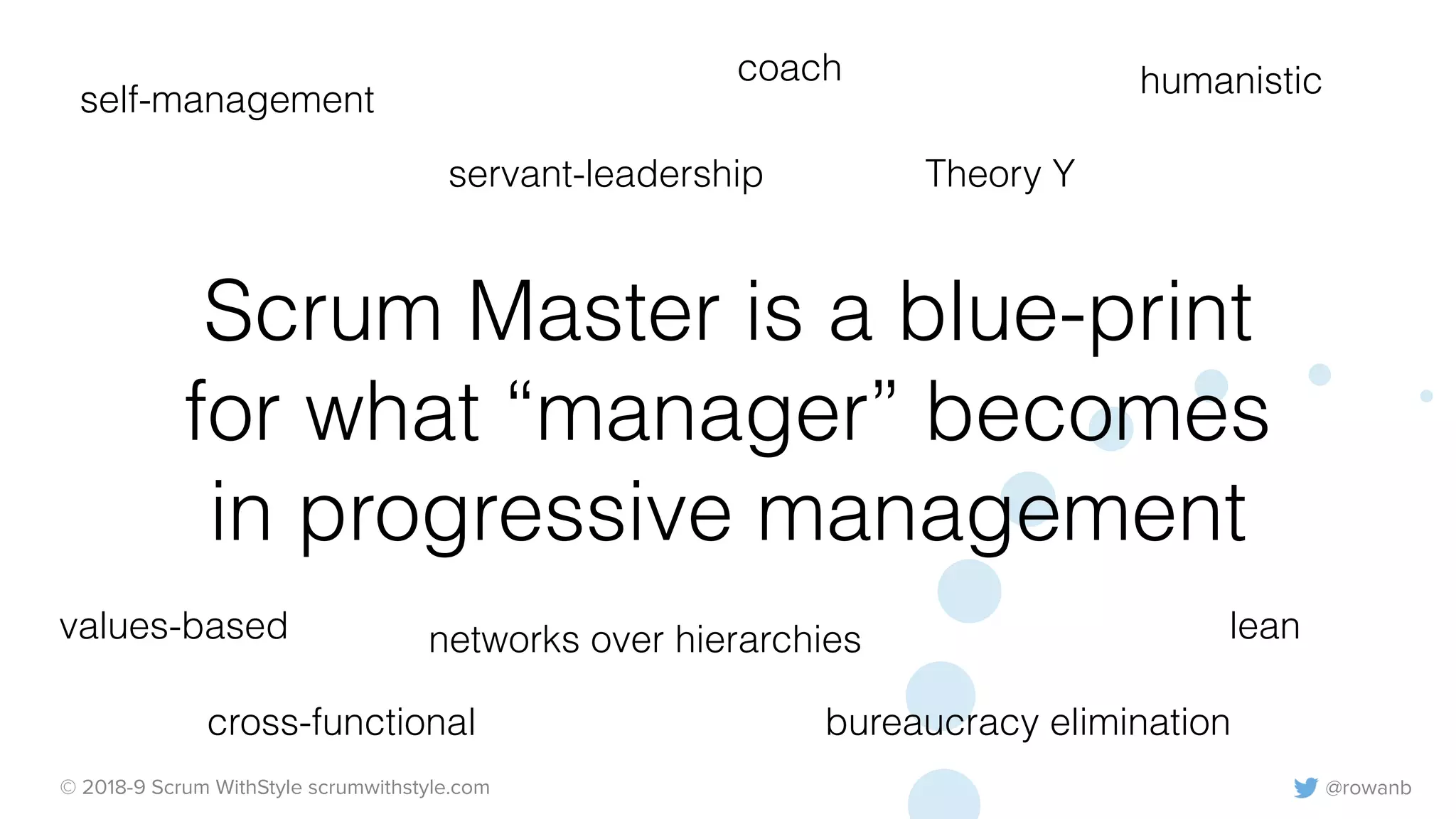 @rowanb© 2018-9 Scrum WithStyle scrumwithstyle.com
Scrum Master is a blue-print
for what “manager” becomes
in progressive management
self-management
cross-functional
servant-leadership
leanvalues-based
humanistic
networks over hierarchies
Theory Y
coach
bureaucracy elimination
 