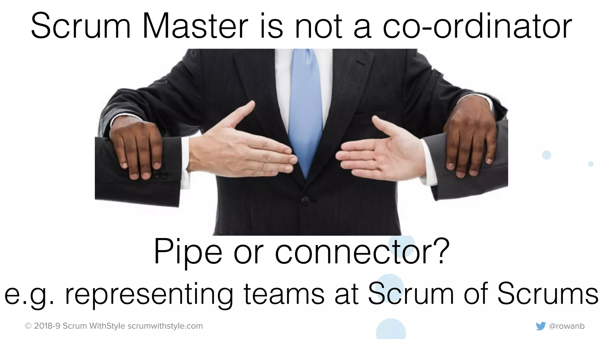 @rowanb© 2018-9 Scrum WithStyle scrumwithstyle.com
Scrum Master is not a co-ordinator
Pipe or connector?
e.g. representing teams at Scrum of Scrums
 