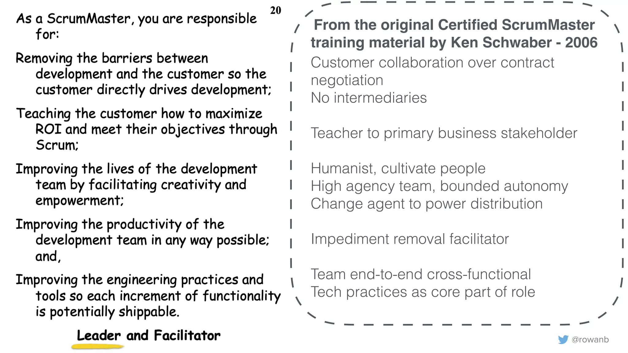 © 2018 Scrum WithStyle scrumwithstyle.com @rowanb@rowanb
From the original Certiﬁed ScrumMaster
training material by Ken Schwaber - 2006
Customer collaboration over contract
negotiation
No intermediaries
Teacher to primary business stakeholder
Humanist, cultivate people
High agency team, bounded autonomy
Change agent to power distribution
Impediment removal facilitator
Team end-to-end cross-functional
Tech practices as core part of role
 
