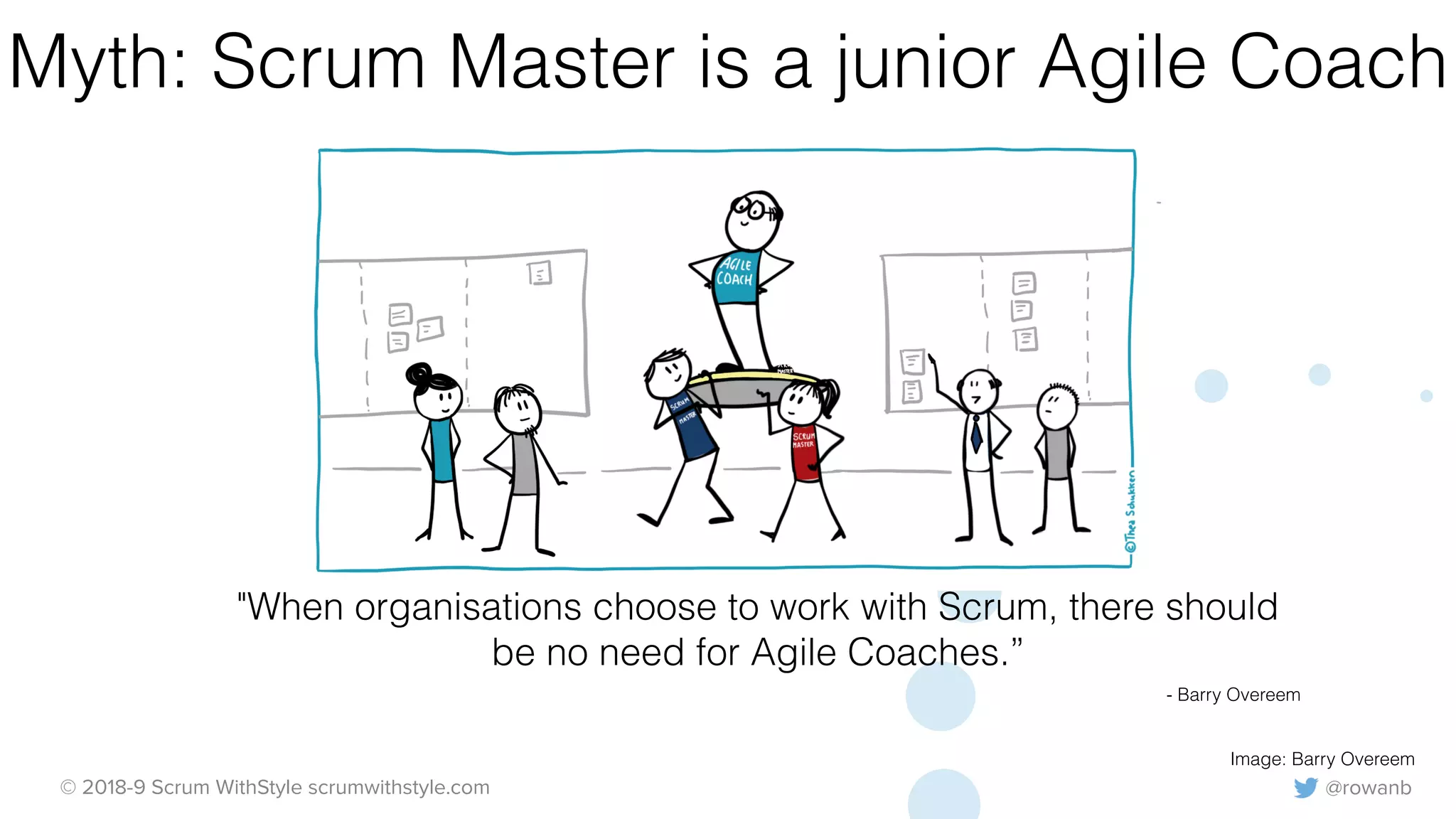 @rowanb© 2018-9 Scrum WithStyle scrumwithstyle.com
Myth: Scrum Master is a junior Agile Coach
Image: Barry Overeem
"When organisations choose to work with Scrum, there should
be no need for Agile Coaches.”
- Barry Overeem
 