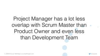 @rowanb© 2018-9 Scrum WithStyle scrumwithstyle.com
Project Manager has a lot less
overlap with Scrum Master than
Product Owner and even less
than Development Team
 