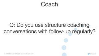 @rowanb© 2018-9 Scrum WithStyle scrumwithstyle.com
Q: Do you use structure coaching
conversations with follow-up regularly?
Coach
 