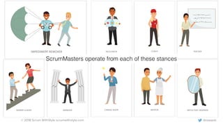 © 2018 Scrum WithStyle scrumwithstyle.com @rowanb@rowanb
CHANGE AGENTSERVANT-LEADER MANAGER
FACILITATOR TEACHERCOACH
MENTOR REFLECTIVE OBSERVER
IMPEDIMENT REMOVER
ScrumMasters operate from each of these stances
 