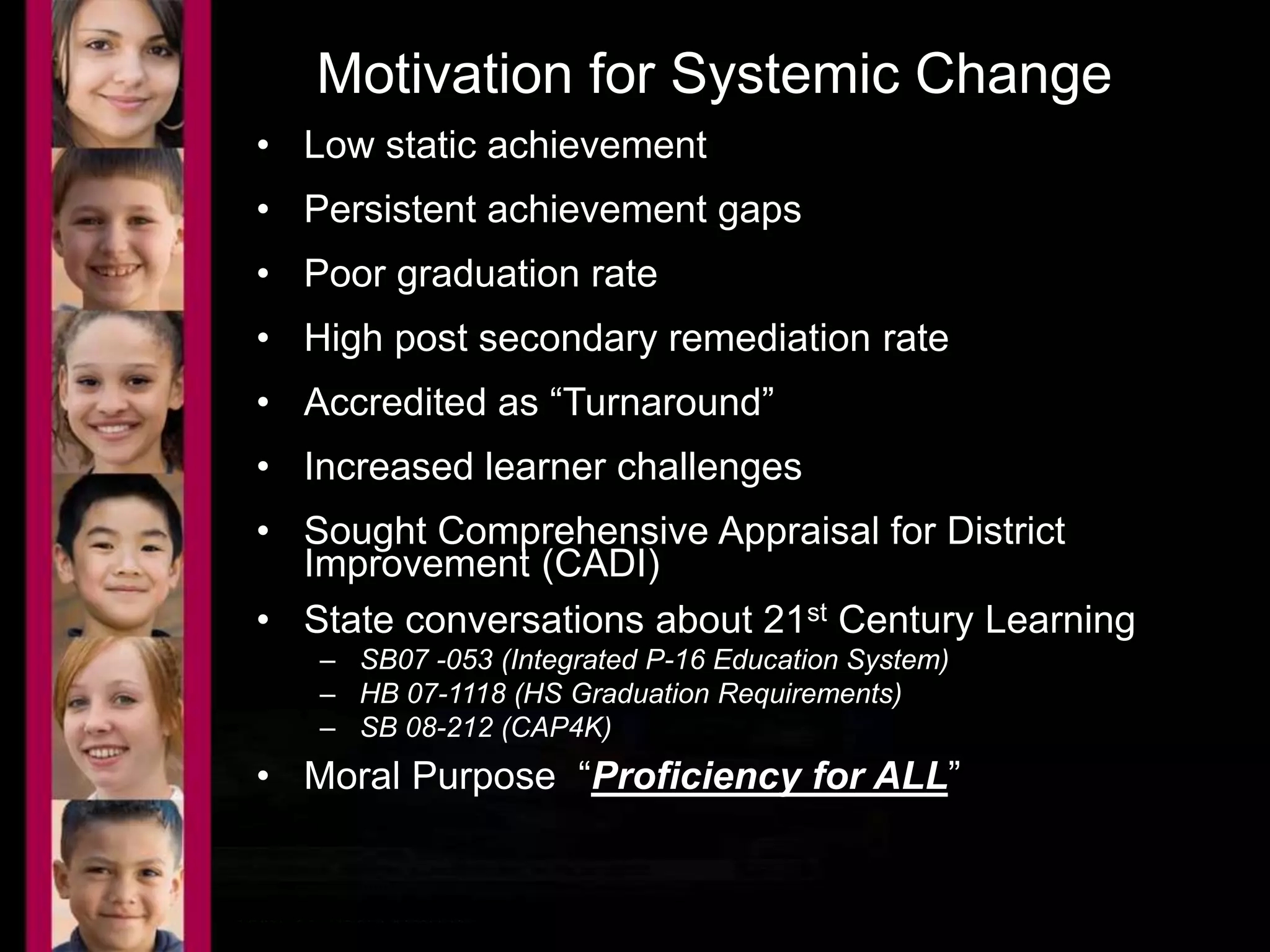 Motivation for Systemic Change 
• Low static achievement 
• Persistent achievement gaps 
• Poor graduation rate 
• High post secondary remediation rate 
• Accredited as “Turnaround” 
• Increased learner challenges 
• Sought Comprehensive Appraisal for District 
Improvement (CADI) 
• State conversations about 21st Century Learning 
– SB07 -053 (Integrated P-16 Education System) 
– HB 07-1118 (HS Graduation Requirements) 
– SB 08-212 (CAP4K) 
• Moral Purpose “Proficiency for ALL” 
 