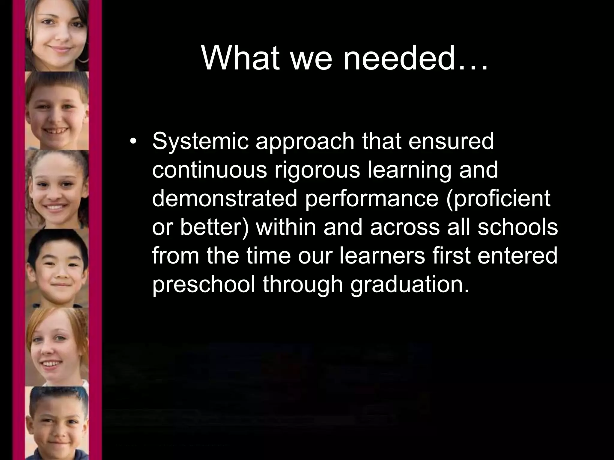 What we needed… 
• Systemic approach that ensured 
continuous rigorous learning and 
demonstrated performance (proficient 
or better) within and across all schools 
from the time our learners first entered 
preschool through graduation. 
 