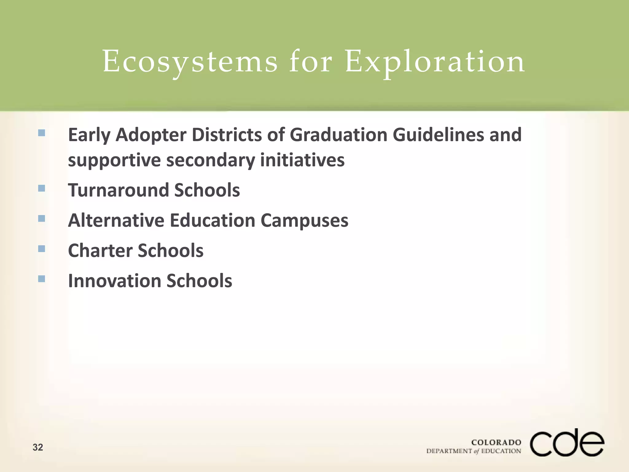 Ecosystems for Exploration 
 Early Adopter Districts of Graduation Guidelines and 
supportive secondary initiatives 
 Turnaround Schools 
 Alternative Education Campuses 
 Charter Schools 
 Innovation Schools 
32 
 