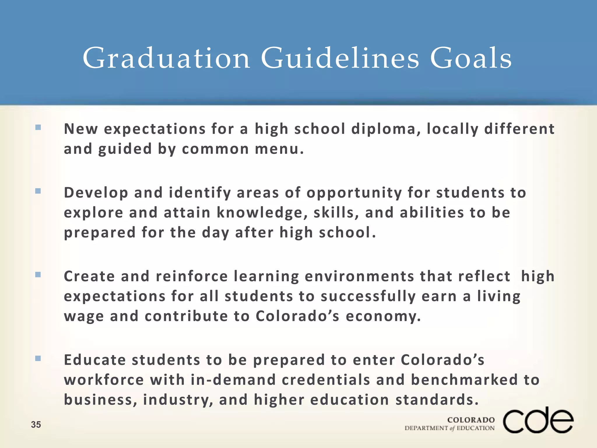 Graduation Guidelines Goals 
 New expectations for a high school diploma, locally different 
35 
and guided by common menu. 
 Develop and identify areas of opportunity for students to 
explore and attain knowledge, skills, and abilities to be 
prepared for the day after high school . 
 Create and reinforce learning environments that reflect high 
expectations for all students to successfully earn a living 
wage and contribute to Colorado’s economy. 
 Educate students to be prepared to enter Colorado’s 
workforce with in-demand credentials and benchmarked to 
business, industry, and higher education standards. 
 