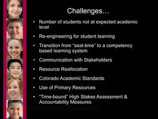 Challenges… 
• Number of students not at expected academic 
level 
• Re-engineering for student learning 
• Transition from “seat-time” to a competency 
based learning system 
• Communication with Stakeholders 
• Resource Reallocation 
• Colorado Academic Standards 
• Use of Primary Resources 
• “Time-bound” High Stakes Assessment & 
Accountability Measures 
 