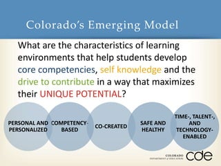 Colorado’s Emerging Model 
What are the characteristics of learning 
environments that help students develop 
core competencies, self knowledge and the 
drive to contribute in a way that maximizes 
their UNIQUE POTENTIAL? 
COMPETENCY-BASED 
SAFE AND 
HEALTHY 
PERSONAL AND 
PERSONALIZED 
CO-CREATED 
TIME-, TALENT-, 
AND 
TECHNOLOGY-ENABLED 
 